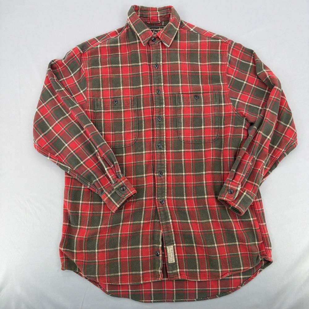 Abercrombie & Fitch Flannel Shirt Men's Medium Red Green Plaid Button Up - Picture 2 of 9